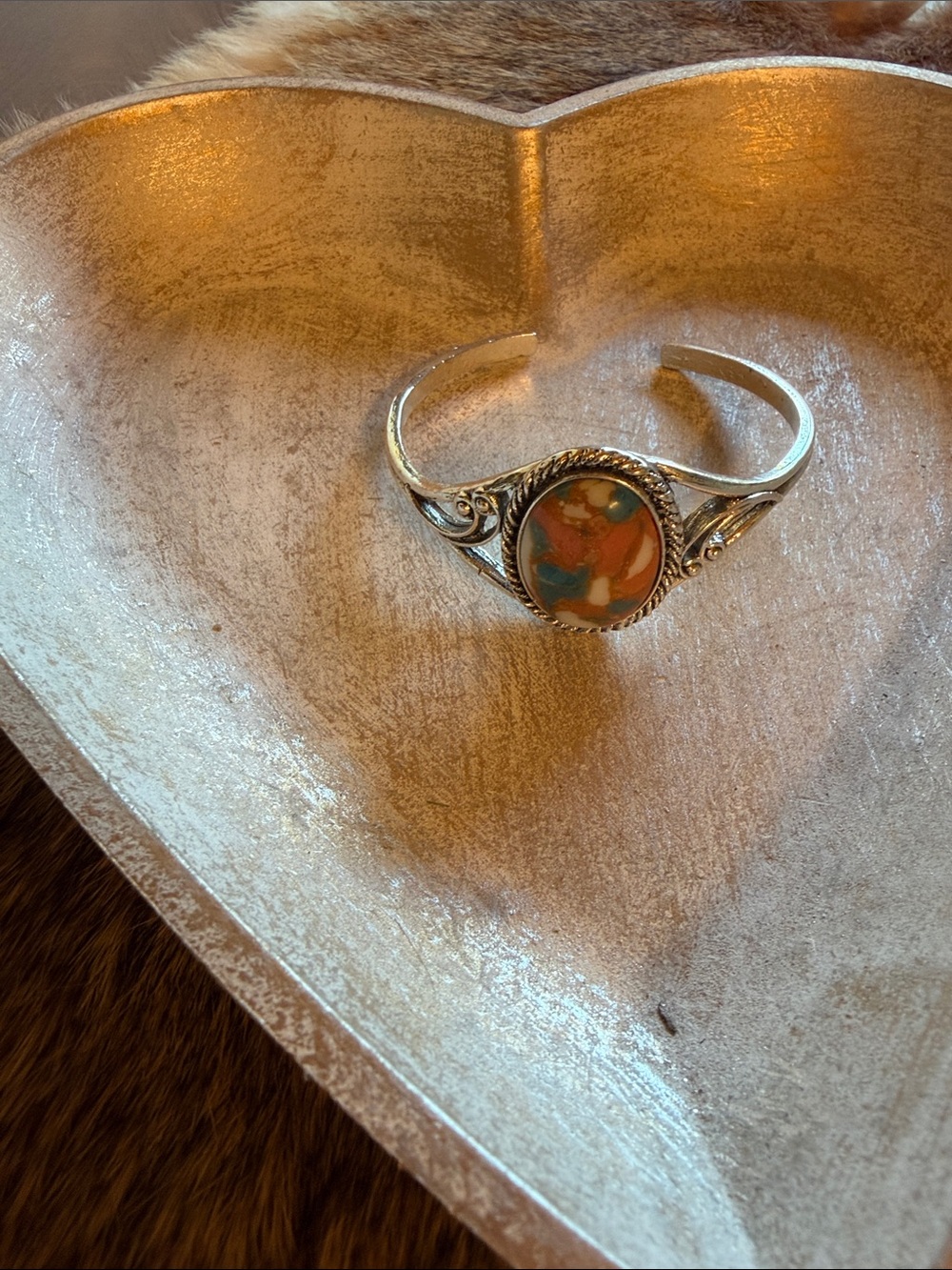 Silver Cuff Bracelet with Orange and Turquoise Stone - Women's Jewelry